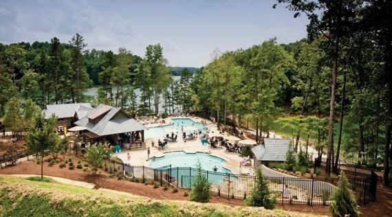 a swimming pool surrounded by trees